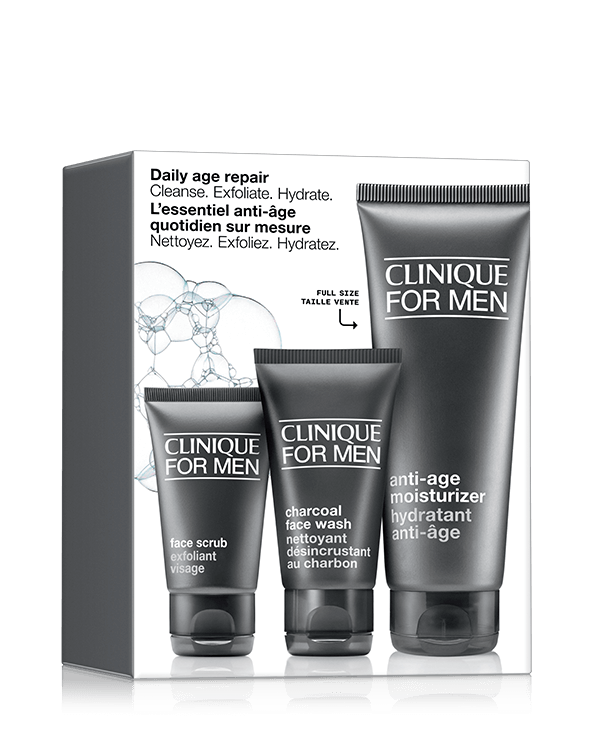 Daily Age Repair: Cleanse. Exfoliate. Hydrate., All he needs for fresh, younger-looking skin. A RM285 value.